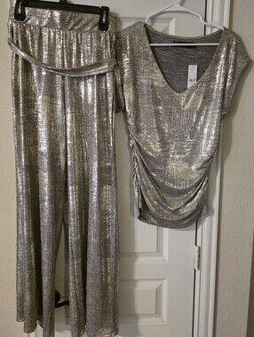 New York & Company Metallic Silver Wide Leg Pants & Top Set